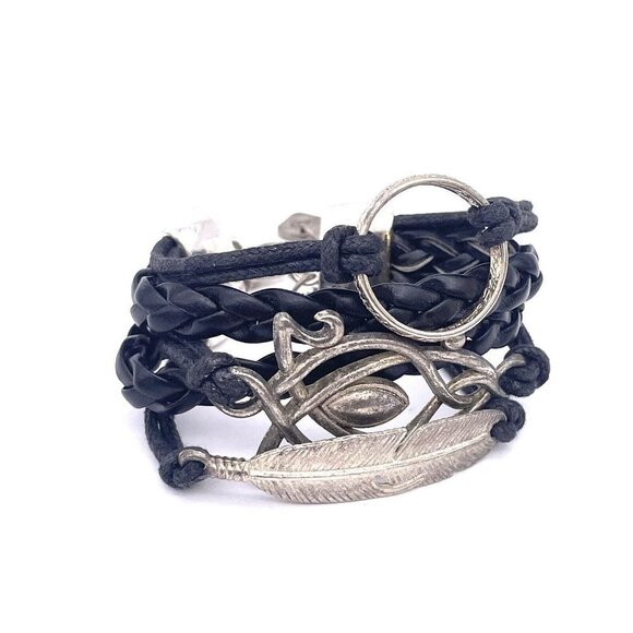 AB Ashley Bridget Braided Leather Cord Feather Ring Chain Bracelet - Picture 1 of 5